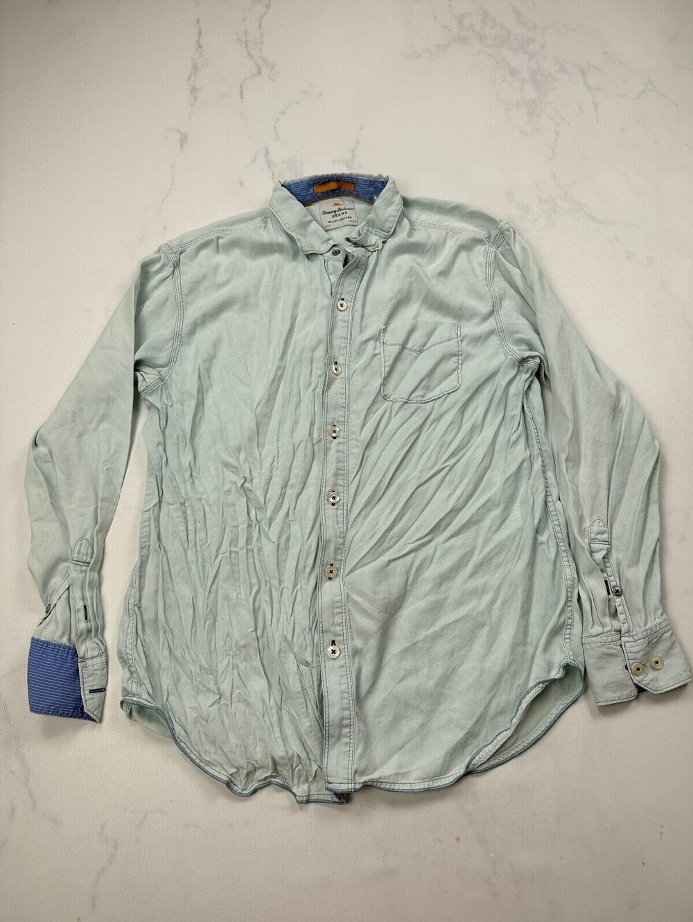 Tommy Bahama Jeans Button-Up Shirt Pastel Blue 90s VTG Tailored - Mens L/G